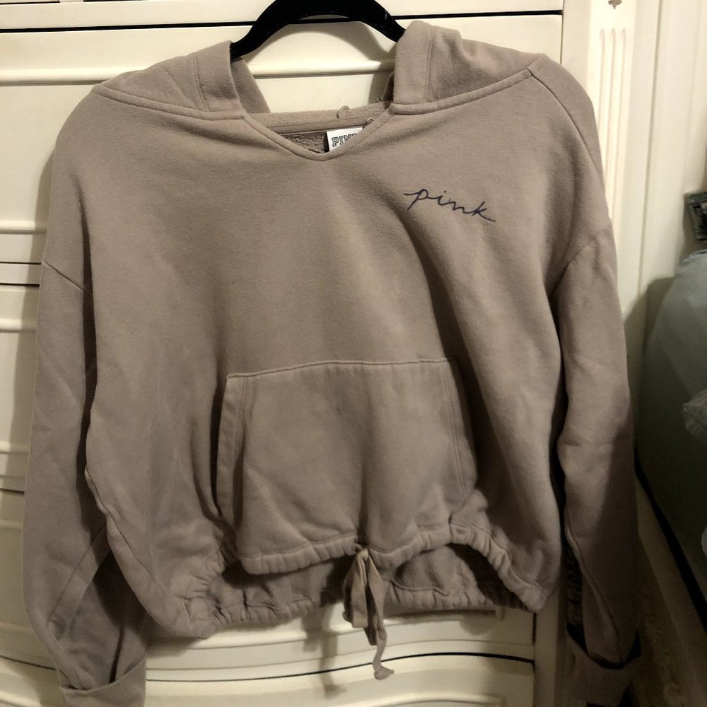 Victoria's Secret PINK Medium Fleece Cropped Cinched Tan Logo Campus Hoodie